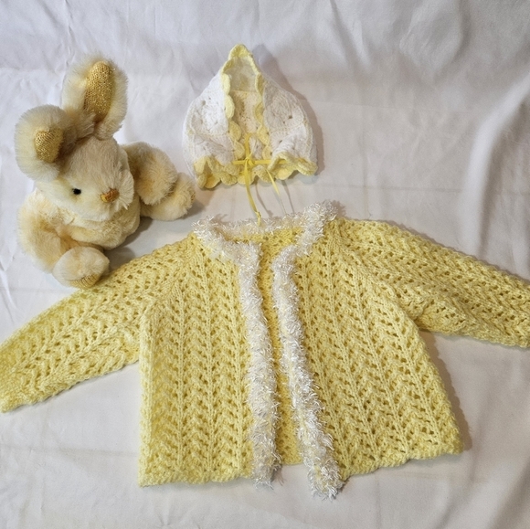 Hand Crafted Cardigan Crochet knit Set Yellow & white mesh lace knitting stitch - Picture 5 of 17
